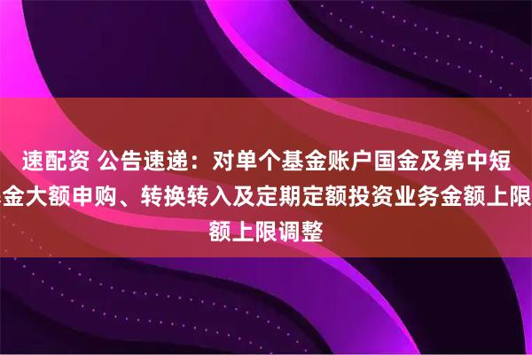 速配资 公告速递：对单个基金账户国金及第中短债基金大额申购、转换转入及定期定额投资业务金额上限调整